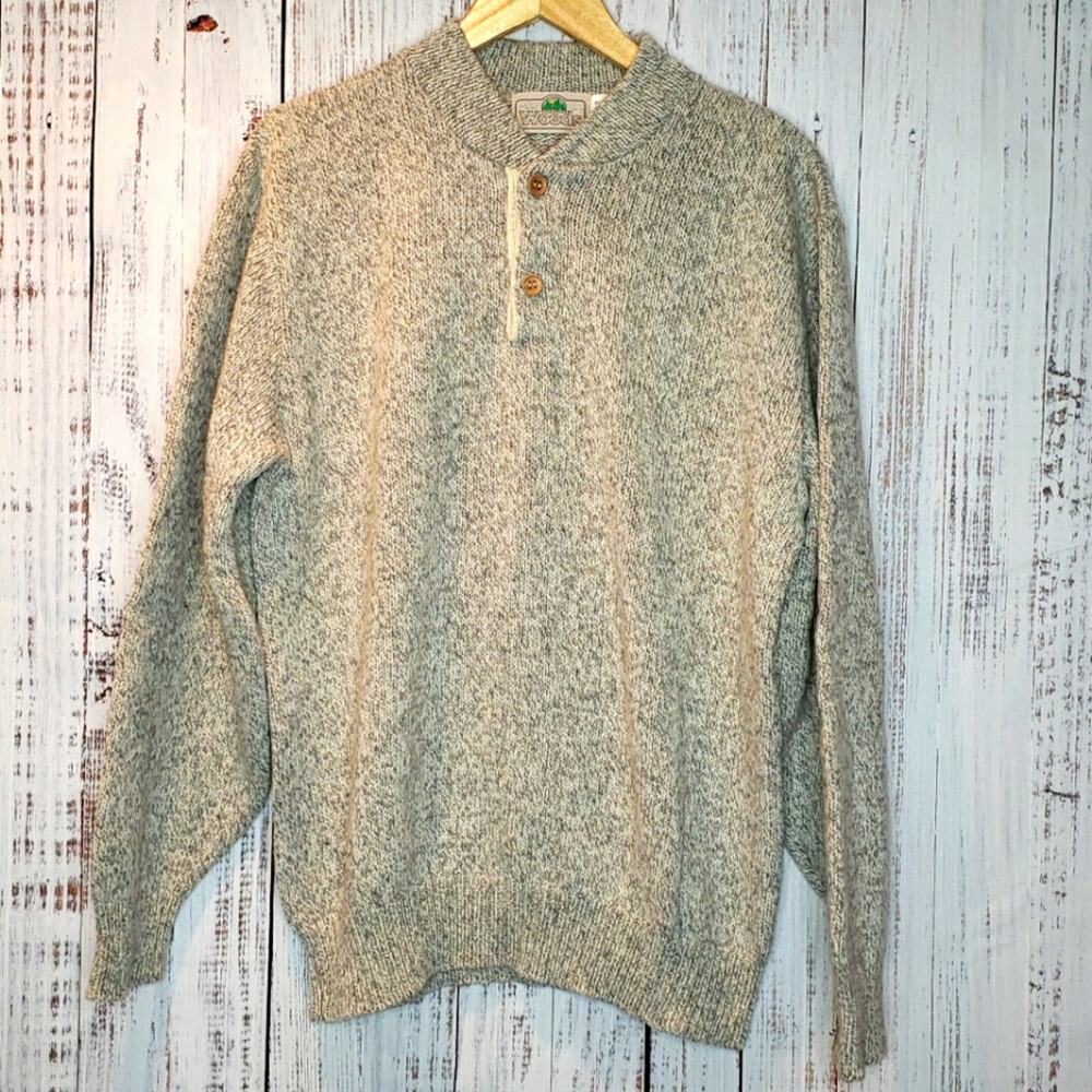 EUC Vintage Woods Men's Wool Sweater, marled grey & cream knit, Sz XL USA made.